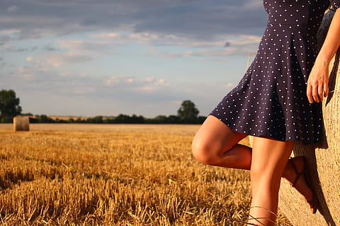 donna, pendente, balla, fieno, erba, campo, azienda agricola, nube, cielo, soleggiato, giorno, persone, ragazza, vestito, una persona, terra, persone reali, in piedi, donne, stili di vita, pianta, natura, agricoltura, adulto, Sezione centrale, attività di svago, bellezza nella natura, pianta di cereali, paesaggio, nuvola - cielo, giovani donne, moda, all'aperto, 5K, CC0, dominio pubblico, privo di copyright