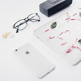 silver iphone 6, top, desk, black, framed, eyeglasses, flaylays, iphone, computer, spectacles, petals, technology, business, white, no people, studio shot, indoors, day, still life, high angle view, communication, connection, table, flower, flowering plant, wireless technology, large group of objects, plant, container, beauty in nature, glasses, white color, paper, 2K, CC0, public domain, royalty free