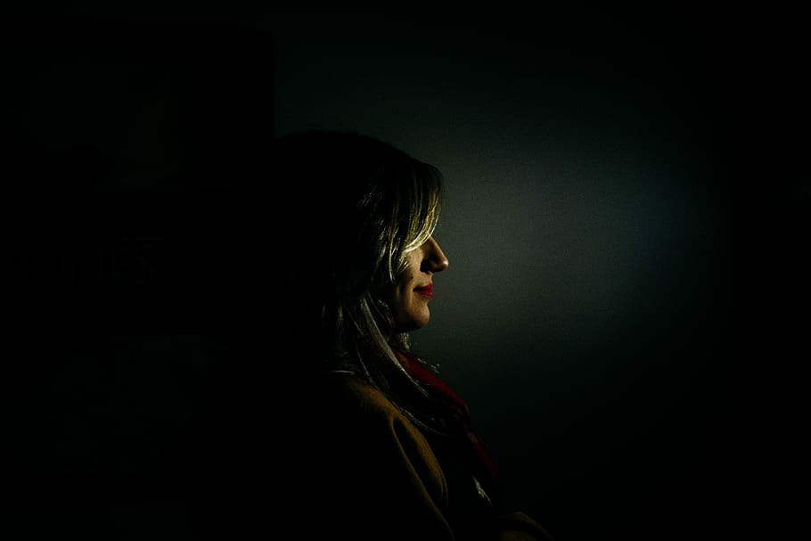 dona, de cara, esquerra, pintura lateral, pintura, fosc, dones, gent, una persona, femelles, fons negre, nit, adult, tecla baixa, bellesa, bonic, ètnia caucàsica, una sola dona, només dones, adult jove, a l'interior, vista lateral, retrat, tir de l'estudi, tirada al cap, mirant, dones joves, vista del perfil, contemplació, mirant cap a fora, cabell, cabell llarg, pentinat, dona guapa, rostre humà, 5K