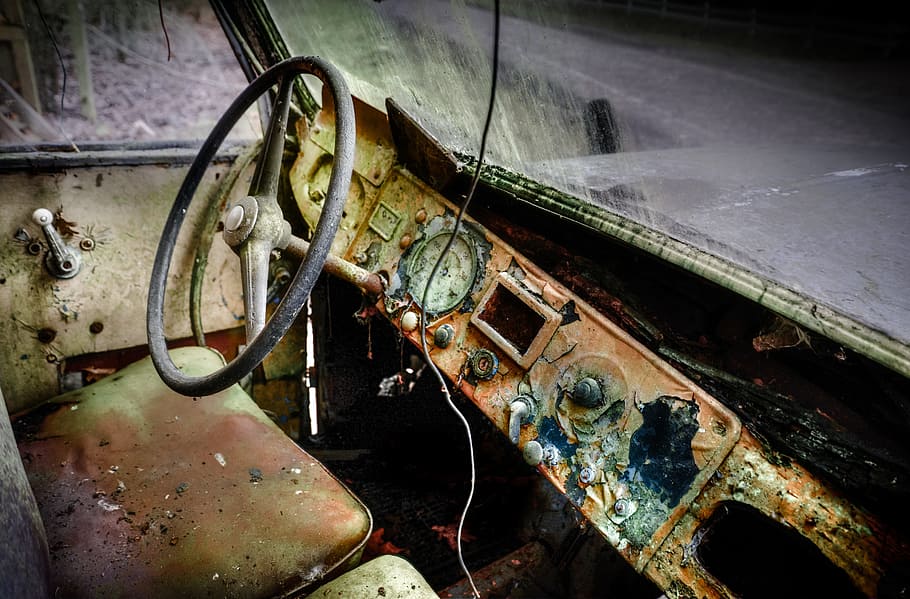starý, rezavý, průmysl, rez, špinavý, auto, volant, interiér, hdr, průmyslový, grunge, ocel, žehlička, přístrojová deska, zastaralý, opuštěný, poškozen, kov, pokles, run-down, zhoršení, nikdo, zvětralý, přeprava, ventil, uvnitř, stroje, špatný stav, voda, způsob dopravy, strojní ventil, zničil, kolo, 5K