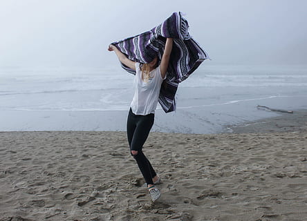 smiling, woman dancing, seashore, daytime, woman, wearing, white, shirt, holding, purple, scarf, sea, ocean, water, wave, nature, sand, beach, shore, coast, people, girl, dancing, full length, one person, adults only, one woman only, only women, adult, jumping, day, leisure activity, real people, land, lifestyles, casual clothing, motion, women, enjoyment, young adult, outdoors, 4K