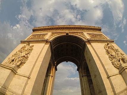 arc, triumph, paris, architecture, cloud - sky, low angle view, built structure, sky, arch, the past, travel destinations, history, nature, building exterior, triumphal arch, tourism, travel, city, monument, day, no people, carving - craft product, outdoors, architectural column, ancient civilization, ornate, carving, city gate, bas relief, 4K, CC0, public domain, royalty free
