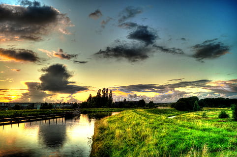landskabsfotografering, slot, legeme, vand, grøn, græs, nær ved, Foto, solnedgang, himmel, daggry, skyer, flod, Mark, landskab, afspejling, sky - himmel, ingen mennesker, arkitektur, bygget struktur, udendørs, natur, scenics - natur, plante, skønhed i naturen, rolig scene, ro, bygning udvendig, miljø, dramatisk himmel, 5K, CC0, offentligt domæne, royaltyfrie