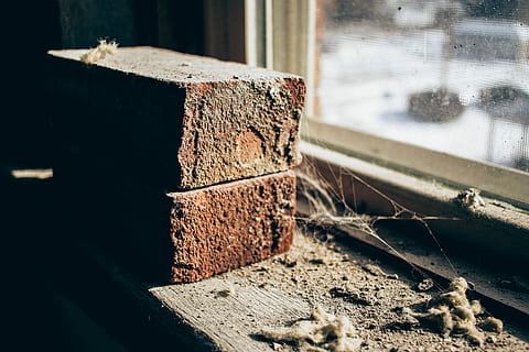 untouched, two brown bricks, brick, cobweb, dust, window, window sill, wood - material, no people, nature, day, close-up, focus on foreground, sunlight, outdoors, wood, run-down, abandoned, rusty, deforestation, selective focus, lumber industry, old, damaged, architecture, textured, weathered, 4K, CC0, public domain, royalty free