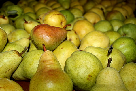 peres, primavera, estiu, verd, fruita, fresc, abundància, temporada, natural, horta, naturalesa, jardí, menjar i beguda, menjar, alimentació saludable, frescor, color verd, fruita de poma, gran grup d'objectes, cap gent, benestar, pera, mercat, fons, venda al detall, primer pla, marc complet, Paradeta, negocis, a la venda, natura morta, orgànic, madur, 5K, CC0, domini públic, lliure de regalies