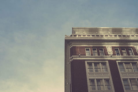 worm-eye, view, brown, white, painted, building, architecture, infrastructure, structure, establishment, apartment, windows, condominium, hotel, clouds, sky, corner, building Exterior, built Structure, skyscraper, office Building, low angle view, cloud - sky, no people, window, nature, day, copy space, city, outdoors, travel destinations, history, tall - high, the past, sunlight, neo-classical, 5K, CC0, public domain, royalty free