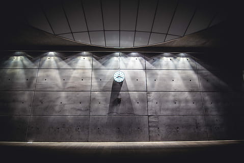 analog clock, wall, turned, ceiling light, clock, time, grey, gray, concrete, station, architecture, minimalism, modern, simplistic, indoors, illuminated, flooring, sign, communication, wall - building feature, transportation, guidance, no people, built structure, lighting equipment, direction, tunnel, light, subway, ceiling, symbol, night, tiled floor, 5K, CC0, public domain, royalty free