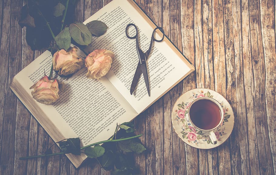 tisores, obert, llibre, al costat, rosa, tetera, plat, te, roses, pètals, pètals de rosa, natura morta, decoració, romàntic, llegir, llibres, atmosfera, flors, menjar i beguda, taula, frescor, vista d’angle alt, menjar, material de fusta, publicació, tassa, directament a sobre, full, beure, part de la planta, a l'interior, refresc, cap gent, planta, flor, beguda calenta, tassa de te, vaixella, fulles, 5K