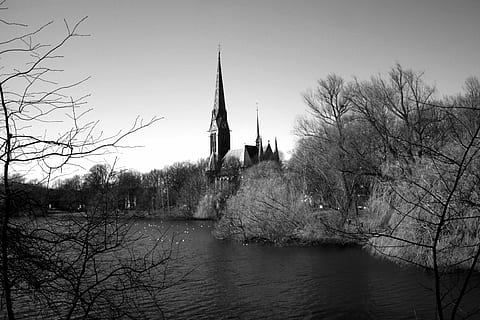 odraz, strom, řeka, svítání, vod, st gertrud, immenhof, ústa burger most, eilbek, hamburgensien, stavba, nebe, voda, architektura, holý strom, náboženství, exteriér budovy, místo uctívání, rostlina, víra, budova, nikdo, Příroda, věž, venku, 4K, CC0, veřejná doména, bez autorských práv