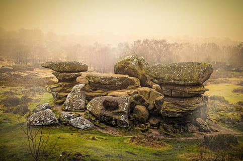 grå, rock formation, dagtimerne, klipper, klippe, træ, træer, himmel, tåge, vejr, sæsoner, efterår, vinter, forår, filialer, england, landskab, natur, nord yorkshire, græs, arkitektur, solid, gammel, historie, miljø, ingen mennesker, plante, ro, bygget struktur, gammel ruin, rock-objekt, fortiden, scenics - natur, udendørs, gamle civilisation, 1080P, CC0, offentligt domæne, royaltyfrie