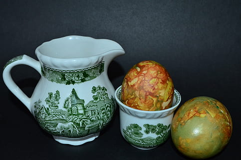 eggs, painted eggs, black, tableware, milkman, porcelain, green, still life, indoors, food and drink, table, food, close-up, no people, black background, wellbeing, healthy eating, floral pattern, ceramics, freshness, studio shot, green color, pattern, tea, cup, art and craft, group of objects, teapot, antique, crockery, tea cup, ornate, 2K, CC0, public domain, royalty free