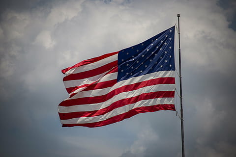 flag, us, gray, pole, sky, clouds, USA, united states, america, stars and stripes, cultures, striped, patriotism, no people, red, low angle view, flag pole, freedom, cloud - sky, nature, wind, environment, star shape, waving, day, emotion, outdoors, symbolism, national icon, independence, 5K