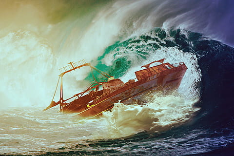 boat sailing, rough, ocean waves painting, wave, boot, sea, water, ship, wreck, lake, capsize, damaged, forward, ocean, setting, disaster, clouds, spray, force of nature, threatening, storm, dramatic, weather mood, destruction, in distress, distress, shipwreck, shipwrecked, composing, photo montage, motion, nature, aquatic sport, surfing, power in nature, accidents and disasters, environment, sky, natural disaster, power, beauty in nature, outdoors, sport, wind, passenger craft, extreme weather, sinking, breaking, sailboat, 5K, CC0, public domain, royalty free