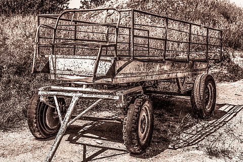 trailer, gammal, åldrig, övergiven, rostig, grunge, förstöra, Avgorou, cypern, hjul, transport, lantbruk, transportsätt, däck, inget folk, landfordon, dag, vagn, stationär, trämaterial, utomhus, natur, tryckvagn, behållare, solljus, landa, föråldrad, arkitektur, 5K, CC0, offentligt domän, royaltyfria
