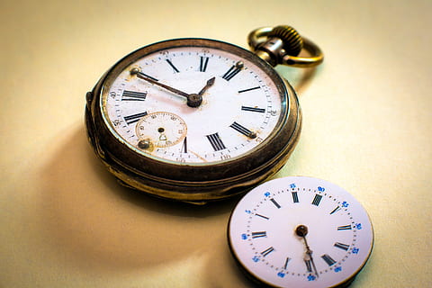 clock, pocket watch, clock face, pointer, movement, horology, seconds, time indicating, hours, time, minute, analog clock, watches, number, instrument of time, alarm clock, minute hand, watch, indoors, retro styled, antique, hour hand, clock hand, no people, close-up, studio shot, single object, deadline, checking the time, 5K, CC0, public domain, royalty free