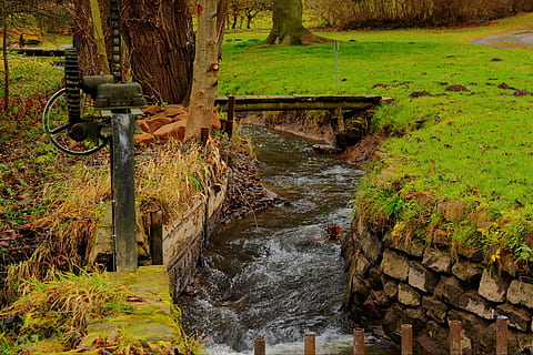 dig, inlet, mill, water, nature, plant, no people, tree, day, river, land, tranquility, forest, solid, tranquil scene, scenics - nature, beauty in nature, grass, rock, outdoors, tree trunk, stream - flowing water, flowing water, flowing, 5K, CC0, public domain, royalty free