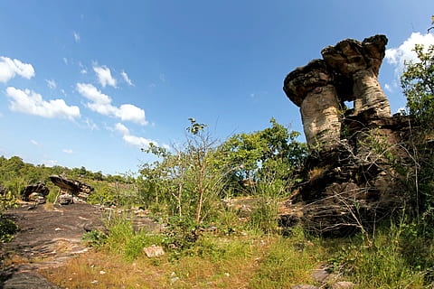 landscape, sky, clouds, rocks, daylight, environment, grass, outdoors, ruins, stones, trees, plant, military, nature, day, armed forces, tree, army soldier, government, people, solid, land, rock, full length, camouflage clothing, representation, 4K, CC0, public domain, royalty free