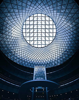cupola di vetro, fotografia, stadio, dentro, sfondo, sfondi Android, sfondo dello schermo di blocco, moderno, architettura, bicchiere, costruzione, modello, edificio contemporaneo, soffitto, lucernario, scala, cupola geometrica, in casa, forma geometrica, struttura costruita, forma, nessuno, cerchio, Inquadratura dal basso, design, vetro - materiale, giorno, caratteristica architettonica, mezzi di trasporto, luce del sole, tetto, architettura e arte, direttamente sotto, 5K, CC0, dominio pubblico, privo di copyright