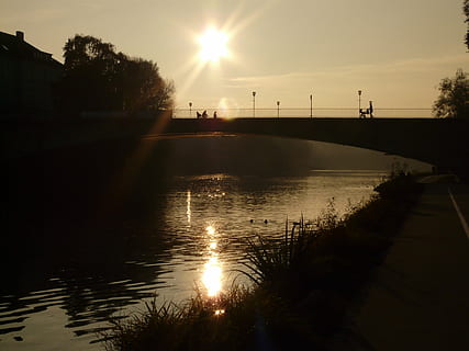 fiume, ponte, web, acqua, sole, luce posteriore, silhouette, cielo, tramonto, riflessione, albero, luce del sole, pianta, natura, nessuno, bellezza nella natura, raggio di sole, la tranquillità, scena tranquilla, architettura, struttura costruita, riflesso lente, ponte - struttura fatta dall'uomo, all'aperto, 2K, CC0, dominio pubblico, privo di copyright