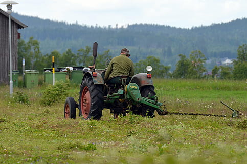 tractor, verano, siega, agricultura, granja, granjero, escena rural, campo, arado, maquinaria de agricultura, trabajando, cosecha, cultivo, maquinaria, al aire libre, hombres, naturaleza, planta, tierra, transporte, modo de transporte, árbol, día, vista trasera, hierba, ocupación, equipamiento agrícola, gente real, paisaje, 4K, CC0, dominio público, libre de derechos