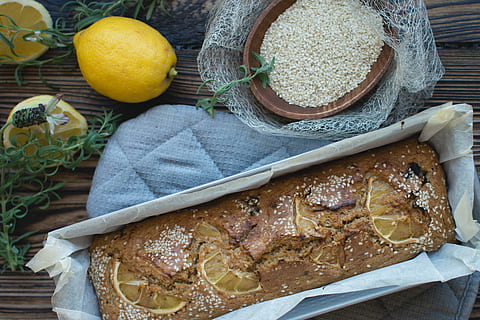 lemon cake, Lemon, cake, bread, dessert, pastry, sweet, top view, wood, food, freshness, wood - Material, healthy Eating, loaf of Bread, bakery, food and drink, high angle view, seafood, wellbeing, fruit, no people, still life, citrus fruit, directly above, table, container, cutting board, napkin, ready-to-eat, day, 5K, CC0, public domain, royalty free