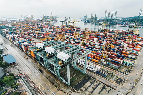 aerial, photography, container vans, sea dock, container, van, export, travel, cargo, wharf, block, transportation, architecture, cargo Container, freight Transportation, industry, shipping, crane - Construction Machinery, harbor, commercial Dock, business, machinery, loading, mode of Transport, water, high angle view, city, building exterior, mode of transportation, pier, nature, sky, no people, outdoors, cityscape, industrial district, 4K