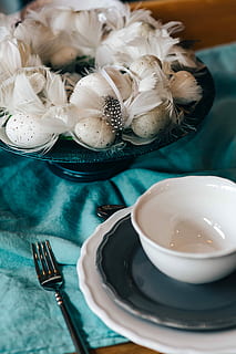 restaurant dinner table, decorated, quail eggs, feathers, Fancy, restaurant, dinner, table, white, elegant, eggs, decoration, opulent, posh, quail, plate, food, crockery, silverware, spoon, cup, fork, close-up, indoors, food and drink, high angle view, no people, kitchen utensil, eating utensil, freshness, still life, sweet food, sweet, ready-to-eat, bowl, drink, temptation, 4K