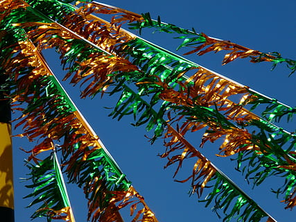 flag, pennant, wind, flutter, colorful, color, band, festival, celebration, party, low angle view, sky, plant, nature, tree, no people, tropical climate, leaf, clear sky, green color, blue, day, growth, plant part, palm tree, outdoors, sunlight, food and drink, food, beauty in nature, palm leaf, 2K, CC0, public domain, royalty free