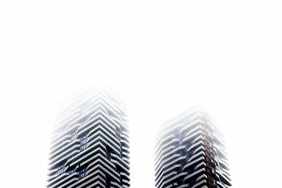 niedrig, Winkel Fotografie, zwei, hoch, Gebäude erheben, grau, Beton, Hochhaus, Gebäude, die Architektur, Turm, Wolkenkratzer, verblassen, Wolke, Weiß, Lokal entfernen, Toronto abspritzen, Aufspritzen, launisch, Stimmung, Nebel, wolkig, bedeckt, kopieren sie platz, Gebäudehülle, gebaute Struktur, Himmel, keine Leute, Bürogebäude außen, große Höhe, weißer Hintergrund, Büro, klarer Himmel, modern, Natur, Stadt, Nahansicht, ausgeschnitten, Flachwinkelansicht, Studioaufnahme, silberfarben, Betrachtung, 4K