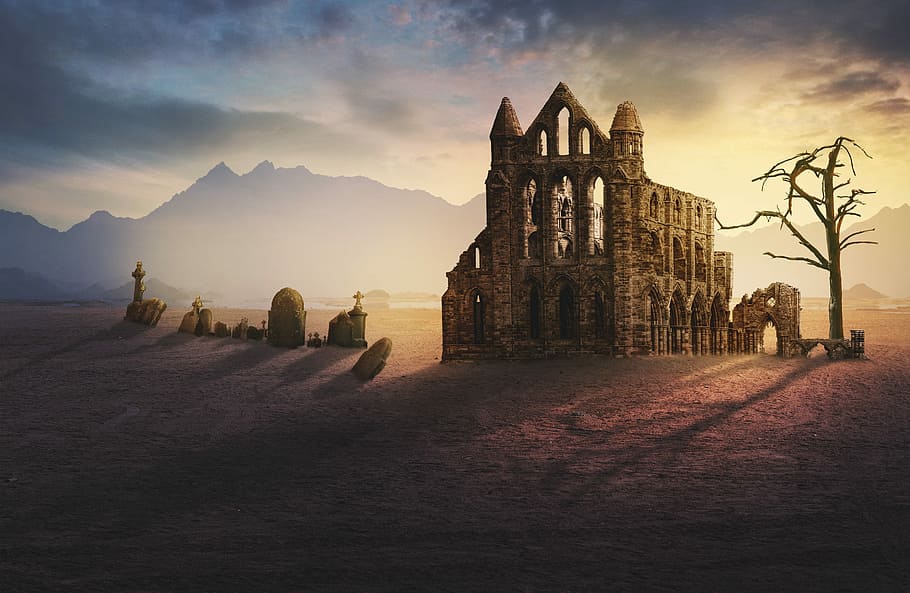gray, concrete, house, beside, tree, image manipulation, ruin, graves, landscape, mountains, fantasy, lighting, orange tones, background, sunlight, sunrise, twilight, composing, whitby abbey, clouds, nature, mystical, antique, loneliness, orphaned, silent, architecture, sky, built structure, building exterior, travel destinations, religion, history, the past, cloud - sky, building, sunset, place of worship, travel, spirituality, belief, ancient, city, tourism, outdoors, ancient civilization, 5K