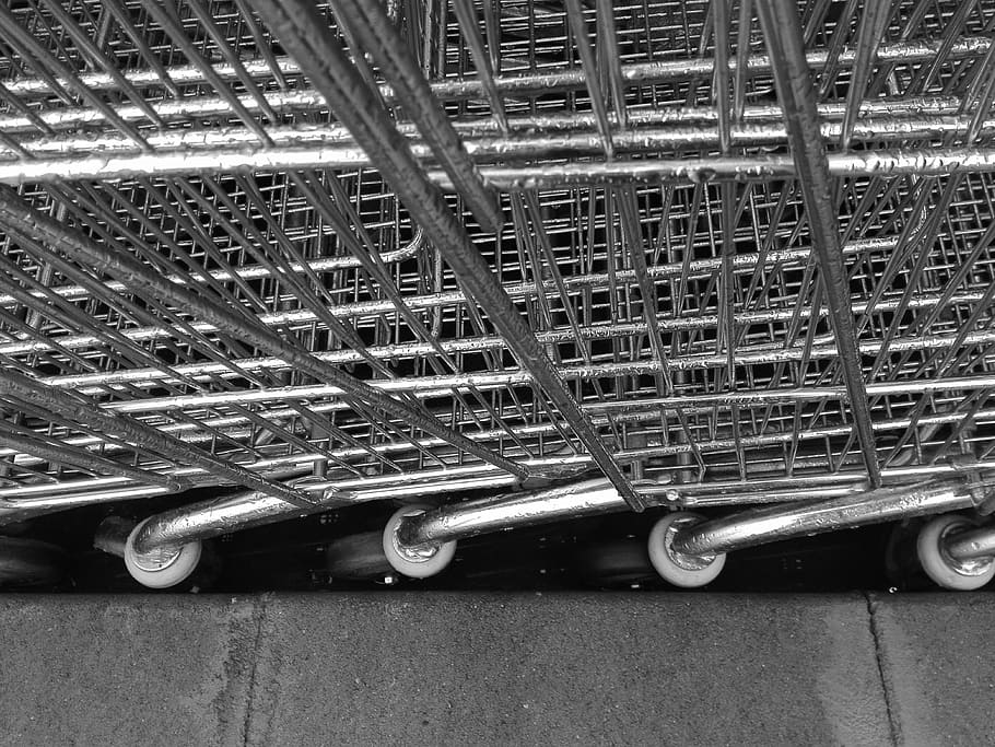 metal, abstrato, textura, superfície, cinzento, material, carrinho de compras, transporte, roda, ninguém, carrinho, compras, veículo terrestre, dia, modo de transporte, grande grupo de objetos, consumismo, varejo, ao ar livre, padronizar, fechar-se, ainda vida, visão de alto ângulo, quadro completo, prateado colorido, aço, Liga, 4K
