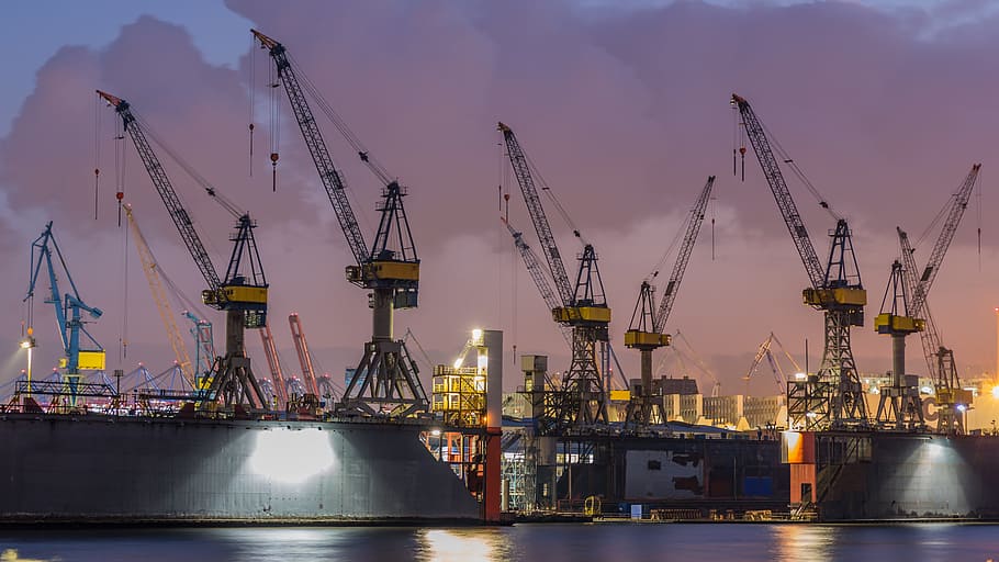 Havn, kran, industri, skib, sende, hamburg, transportmidler, godstransport, Forsendelse, forretning, kran - entreprenørmaskiner, nautiske fartøj, kommerciel dock, vand, mole, arkitektur, maskineri, losning, beholder, transportform, Indlæser, hav, udendørs, 5K