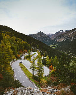 aerian, vedere, zigzag rutier, Munte, zig zag road, drum, serpuit, cotit, linii, mașină, copac, pădure, stâncă, nor, toamnă, cădea, portocale, verde, elvețian, scenice - natura, transport, scenă non-urbană, natură, frumusețe în natură, nici o persoana, plantă, de munte, cer, vedere în unghi mare, zi, mediu inconjurator, liniște, teren, drumul montan, o scenă liniștită, drum serpuit, în aer liber, Brad, 4K, CC0, domeniu public, fără drepturi de autor