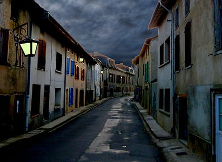 vuoto, strada, calcestruzzo, case, nuvole serali, tramonto, crepuscolo, cielo, notte, vecchio, architettura, esterno dell'edificio, struttura costruita, costruzione, la strada davanti, città, direzione, nuvola - cielo, quartiere residenziale, nessuno, finestra, Casa, natura, cittadina, all'aperto, prospettiva decrescente, stretto, vicolo, casa a schiera, 2K, CC0, dominio pubblico, privo di copyright