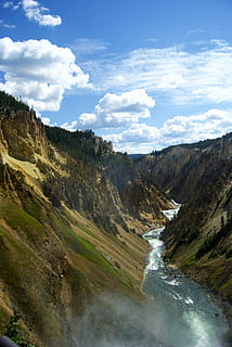 canyon, valle, valle, fiume, montagna, canyon, valle, fiume, scogliera, Grand Canyon di yellowstone, Yellowstone, paesaggio, nazionale, parco, all'aperto, viaggio, Paesaggi, natura, nuvola - cielo, acqua, scenics - natura, bellezza nella natura, cielo, ambiente, scena non urbana, movimento, giorno, nessuno, cascata, terra, scena tranquilla, acqua corrente, roccia, la tranquillità, fluente, potere in natura, 4K, CC0, dominio pubblico, privo di copyright