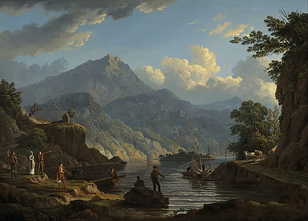 montagna, fiume, folla, persone che dipingono, persone, John Knox, paesaggio, arte, artistico, pittura, olio su tela, cielo, nuvole, alberi, panoramico, natura, al di fuori, nazione, campagna, montagne, ruscello, riflessi, Barche, pesca, estate, primavera, albero, all'aperto, scena tranquilla, gruppo di persone, scenics - natura, pianta, bellezza nella natura, persone reali, nuvola - cielo, uomini, stili di vita, acqua, catena montuosa, scena non urbana, terra, attività di svago, giorno, 4K, CC0, dominio pubblico, privo di copyright
