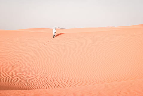 persona, caminar, desert, cel, a l'aire lliure, vista, paisatge, muntanya alta, sorra, petjades, gent, duna de sorra, terra, clima àrid, clima, escenics - natura, medi ambient, naturalesa, una persona, bellesa a la natura, tranquil·litat, dia, remot, escena tranquil·la, còpia espai, longitud completa, 4K, CC0, domini públic, lliure de regalies