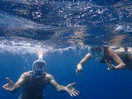 photo, people snorkeling, underwater, divers, diving, enjoyment, exploration, fun, holiday, mediterranean sea, ocean, people, recreation, sea, snorkel, snorkeling, spain, submerged, swimmer, swimming, vacation, water, water sports, sport, men, shirtless, leisure activity, swimwear, two people, adult, undersea, nature, swimming goggles, lifestyles, adventure, aquatic sport, bubble, eyewear, outdoors, underwater diving, swimming pool, 2K, CC0, public domain, royalty free