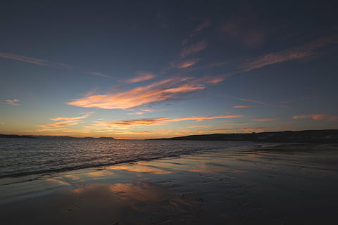 seashore during sunset, seashore, sunrise, sunset, clouds, sky, beach, ocean, sea, dusk, scenics, tranquility, water, nature, beauty in nature, tranquil scene, no people, scenics - nature, cloud - sky, land, horizon, idyllic, horizon over water, non-urban scene, outdoors, orange color, 5K, CC0, public domain, royalty free