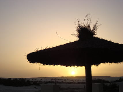 sunset, beach, parasol, holiday, romantic, sky, silhouette, land, plant, scenics - nature, beauty in nature, nature, tree, no people, tranquility, tranquil scene, orange color, thatched roof, outdoors, roof, non-urban scene, dusk, water, 2K, CC0, public domain, royalty free