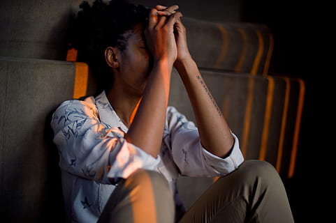 man, wearing, white, dress shirt, brown, pants, people, emotion, dramatic, female, woman, person, emotional, stress, black, sitting, indoors, one person, men, adult, young adult, head in hands, headshot, seat, males, portrait, arts culture and entertainment, hair, hairstyle, music, contemplation, 4K, CC0, public domain, royalty free