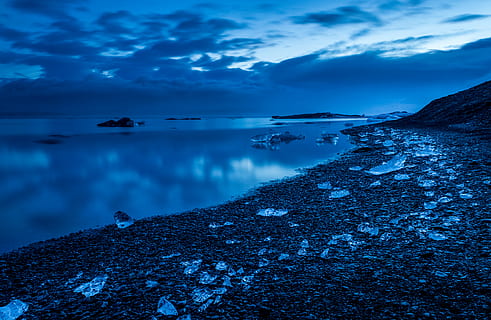 blue, clouds, ice, rocks, shore, stones, water, sky, sea, scenics - nature, cloud - sky, beauty in nature, tranquility, nature, solid, rock, rock - object, tranquil scene, land, no people, beach, non-urban scene, cold temperature, outdoors, 5K, CC0, public domain, royalty free
