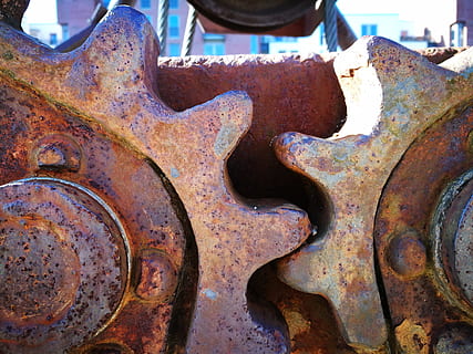 tecnologia, ingranaggi, meccanica, metallo, arrugginito, macchinario, avvicinamento, parte della macchina, giorno, nessuno, declino, corri giù, obsoleto, vecchio, deterioramento, abbandonato, intemperie, attrezzatura, danneggiato, industria, Ingranaggio, ferro - metallo, concentrarsi sulle conoscenze acquisite, ruota, equipaggiamento industriale, 4K, CC0, dominio pubblico, privo di copyright