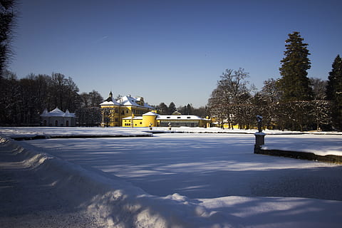 neu, arbre, hivern, horitzontal, congelat, schloss hellbrunn, Salzburg, Austràlia, estany, estany gelat, temperatura de fred, arquitectura, naturalesa, exterior de l'edifici, cel, estructura construïda, planta, cap gent, Color blanc, edifici, blau, dia, gel, llum solar, bellesa a la natura, a l'aire lliure, 5K, CC0, domini públic, lliure de regalies