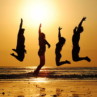 silhouette, four, people, jumping, sunset, beach, group, jump, friends, celebration, vacation, together, ocean, sun, happiness, joy, dancing, back lit, sea, skill, performance, outdoors, water, sky, mid-air, nature, full length, land, motion, orange color, reflection, leisure activity, lifestyles, arms raised, horizon over water, human arm, 2K, CC0, public domain, royalty free