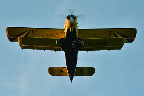 volant, groc, cel, avió, vehicle aeri, transport, aire, mode de transport, avió comercial, manera de transport, naturalesa, en moviment, dia, vista d’angle baix, cel clar, blau, una persona, a l'aire lliure, moviment, vista del darrere, ala dels avions, indústria aeroespacial, 2K, CC0, domini públic, lliure de regalies