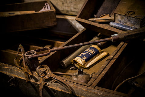 rusted, cutter, wooden, rack, brown, metal tool, table, tool, group, work, metal, rust, wood - material, old, indoors, obsolete, no people, abandoned, rusty, damaged, close-up, transportation, container, decline, still life, weathered, deterioration, run-down, antique, high angle view, 5K, CC0, public domain, royalty free