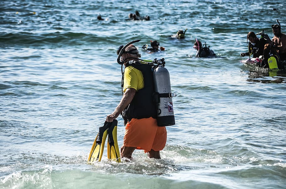 tuffatore, immersione, oceano, attività, estate, sport, avventura, immersioni in subacquea, mare, muta, acqua, sport acquatico, natura, persone reali, persone, giorno, retrovisore, stili di vita, attività di svago, movimento, lungomare, uomini, detenzione, donne, all'aperto, spiaggia, 4K