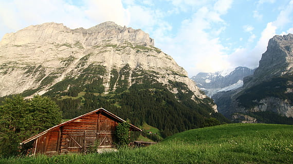 Alps, Icecap, Eiger, Interlaken, snow mountain, mountain, valley, scenery, landscape, horon, roof, country, sky, village, lauterbrunnen, jungfrau, glacier, swiss, mountain range, built structure, scenics, architecture, house, scenics - nature, beauty in nature, cloud - sky, tranquil scene, nature, non-urban scene, grass, tranquility, environment, idyllic, day, rock, no people, building exterior, outdoors, formation, mountain peak, 5K, CC0, public domain, royalty free