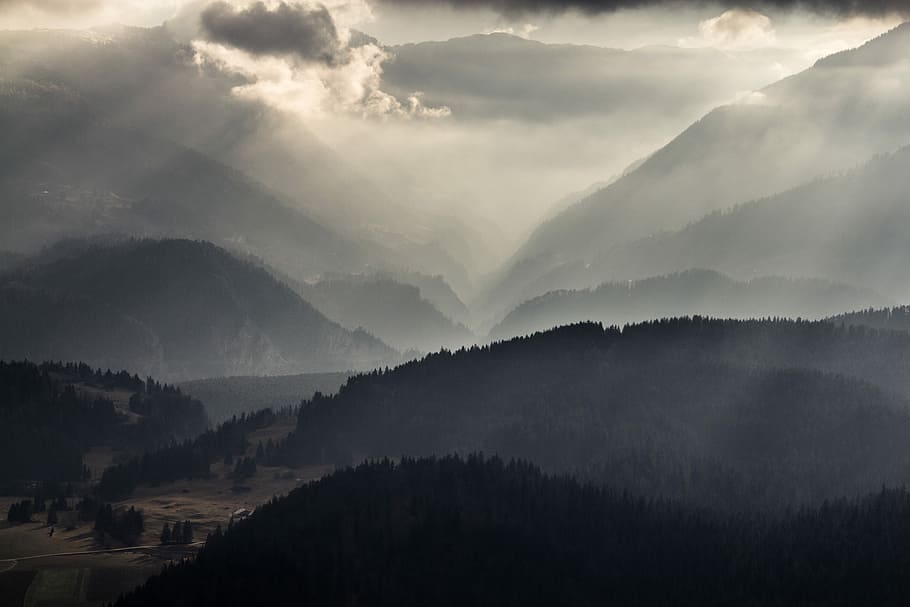 Munte, cețos, vreme, tonuri de gri, pădure, noros, acoperit de nori, siluetă, dealuri, crestele, gri, întuneric, alp, Elveţia, swiss alp, cu toane, dramatic, ceaţă, mediu inconjurator, copac, frumusețe în natură, scenice - natura, nor - cer, liniște, plantă, peisaj, cer, nici o persoana, o scenă liniștită, natură, teren, în aer liber, dimineaţă, 5K